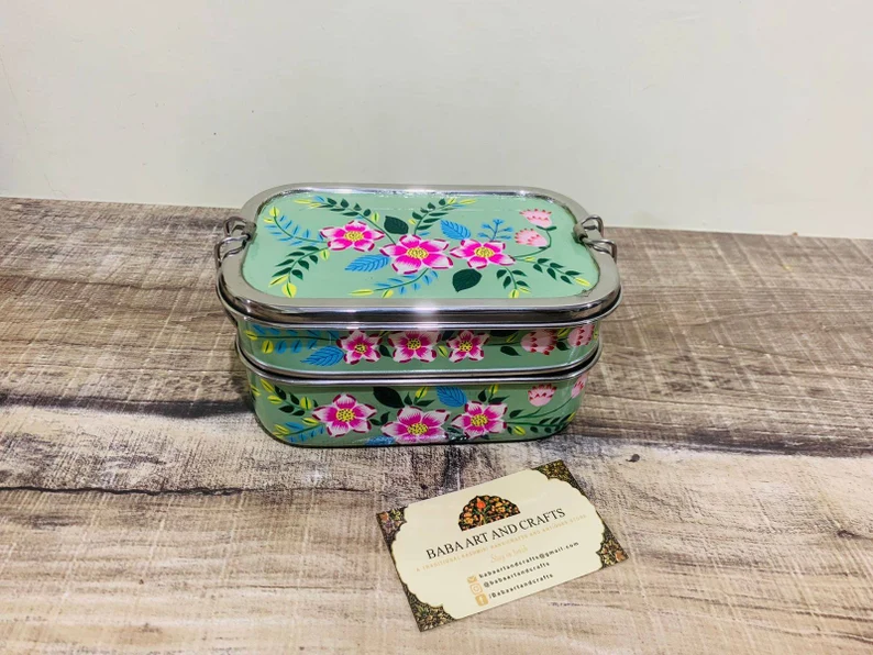 School Lunch Box-hand Painted Lunch Box , Bento Box for Carrying Food to  School, Office or Picnic, Small Tiffin, Floral Kashmiri Art 