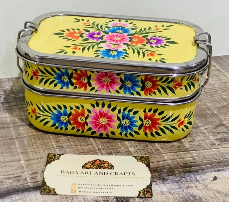 Hand painted tiffin Box, Indian lunch box, Stainless Steel Lunch Box, Hand Painted Lunch Box, Enamelware Tiffin Box, Hand painted Canisters