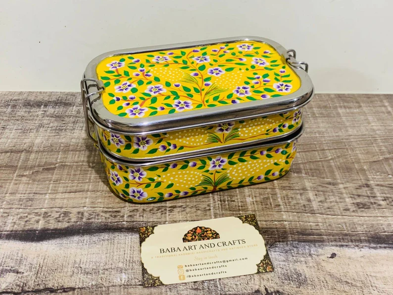 Steel Bento Box , Hand painted bento box , Enamel Lunch box, Hand painted Tiffins