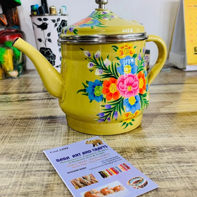 Unique tea pot,Indian tea kettle,colored tea pot,Hand painted Beige Teapot , Boho Floral Design Tea Pot, Metal Tea pot, Handmade in Kashmir Copy 105542 Copy 112708