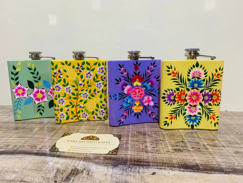 Stainless Steel Hip Flask, Hand Painted Hip Flask, Spring Meadow Stainless Steel Hip Flask,Metal Hip Flask, Alcohol Flask,boho hip flask