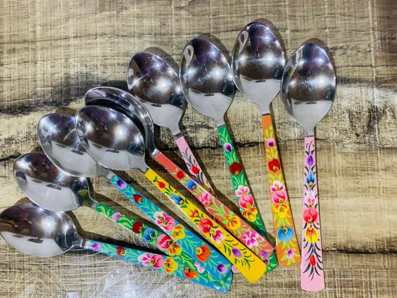 Hand painted cutlery, hand painted steel knife, hand painted steel fork, hand painted spoon, Stainless steel cutlery set, Indian cutlery set ( 12 pc)