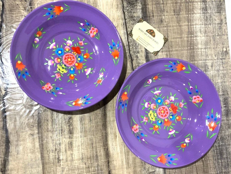 Hand painted Steel plates, hand painted plates, stainless steel dishes, Indian food plates,set of 2, Enamelware stainless steel Floral tray