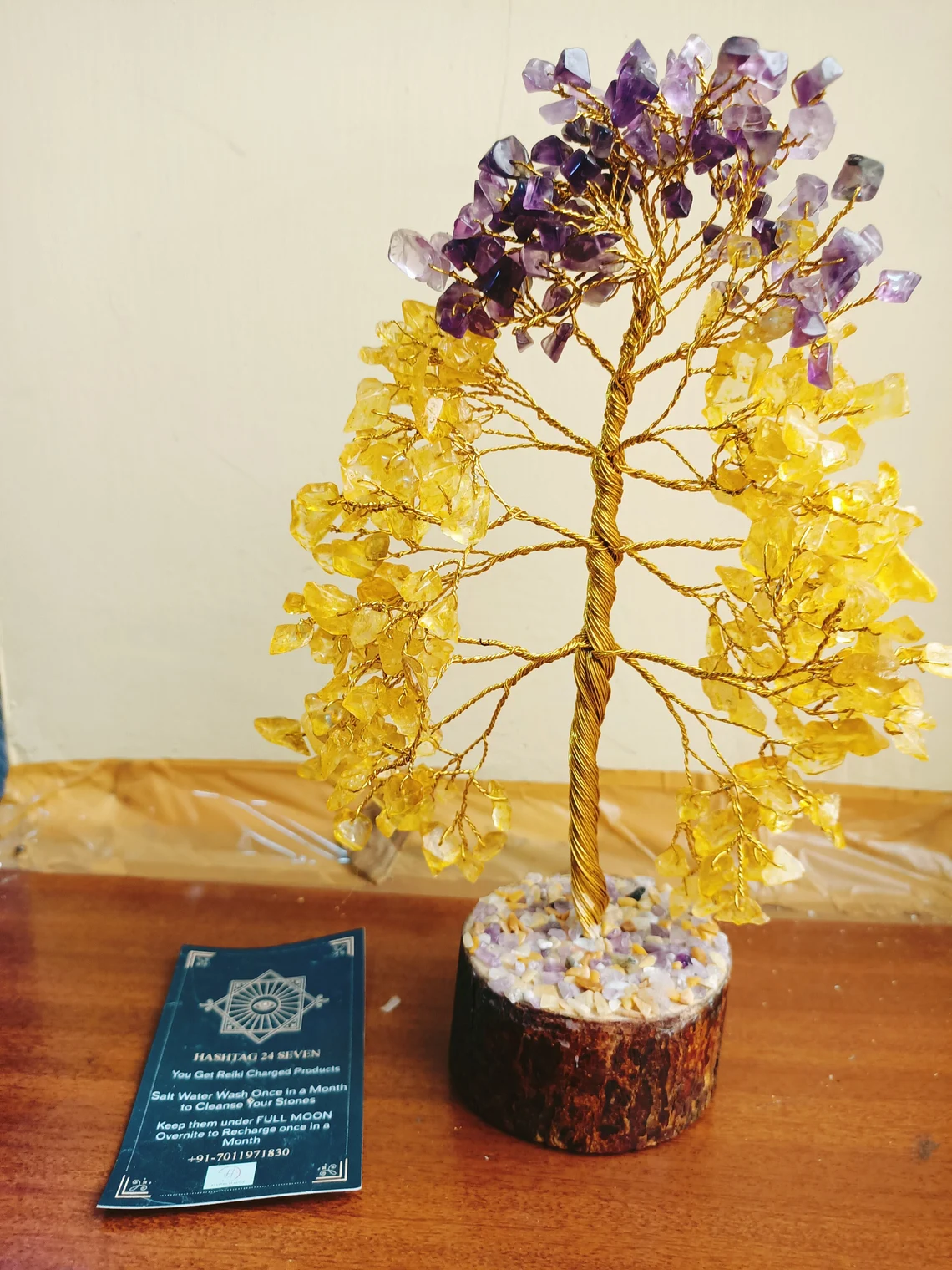 Feng Shui Gemstone Tree with wooden base and Semi Precious Crystals in Bonsai Tree, Citrine and Amethyst stones wired in Tree of life