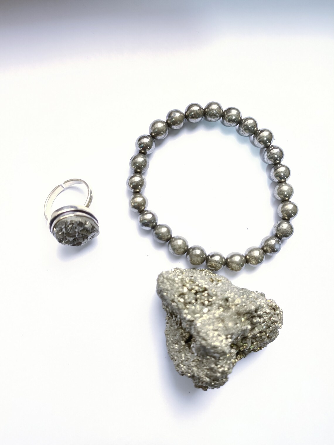 Pyrite Stone for wealth and abundance, Money attracting 1 Pyrite bracelet , Pyrite Ring and 100 GM raw pyrite stone