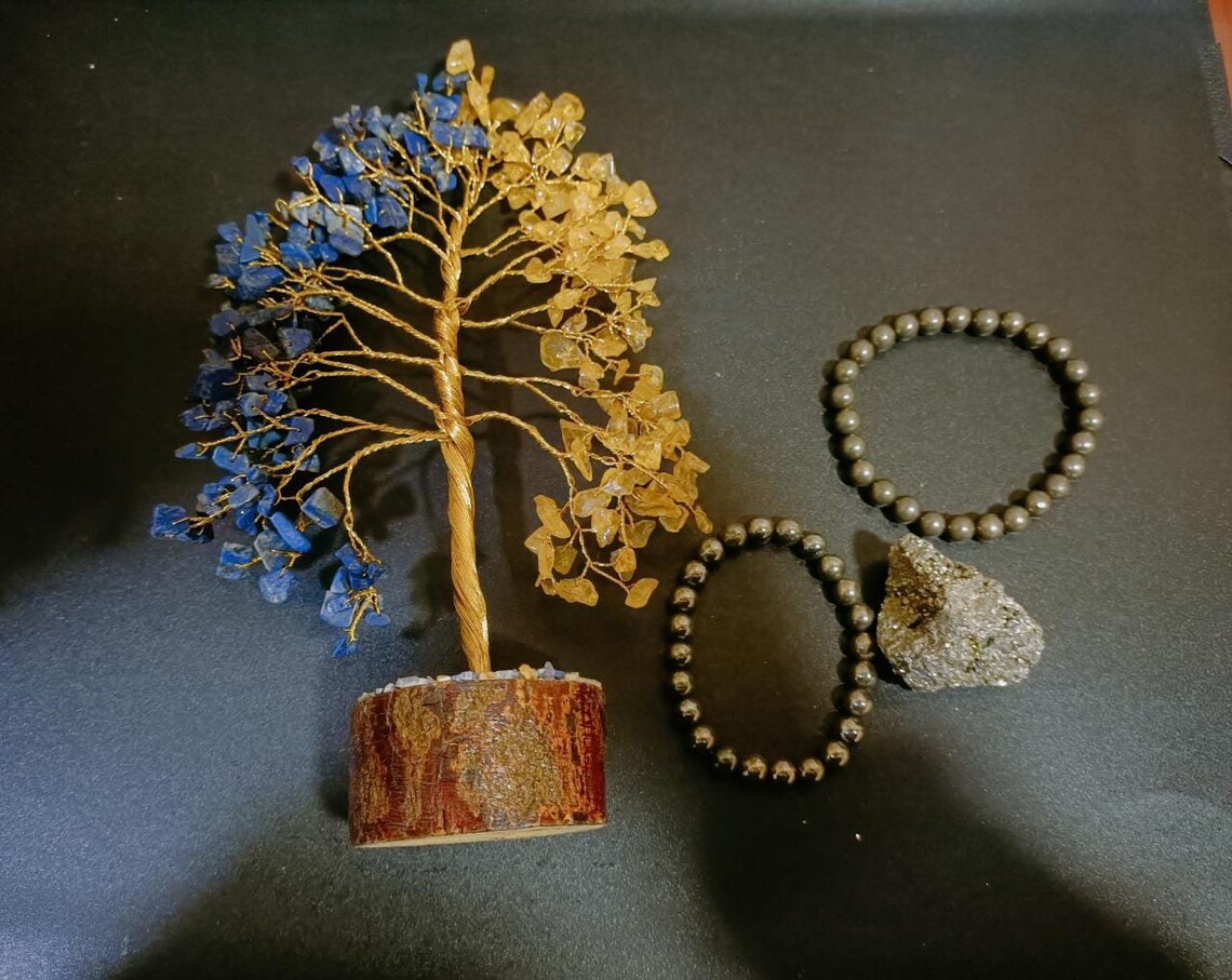 Pyrite Stone for wealth and abundance, Money attracting 2 Pyrite bracelets Lapis Lazuli and Citrine stone wired in bonsai tree