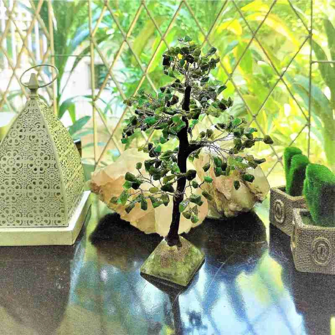 Green Aventurine tree on Aventurine Pyramid base ,Semi precious crystals Bonsai tree wired with mandala stones