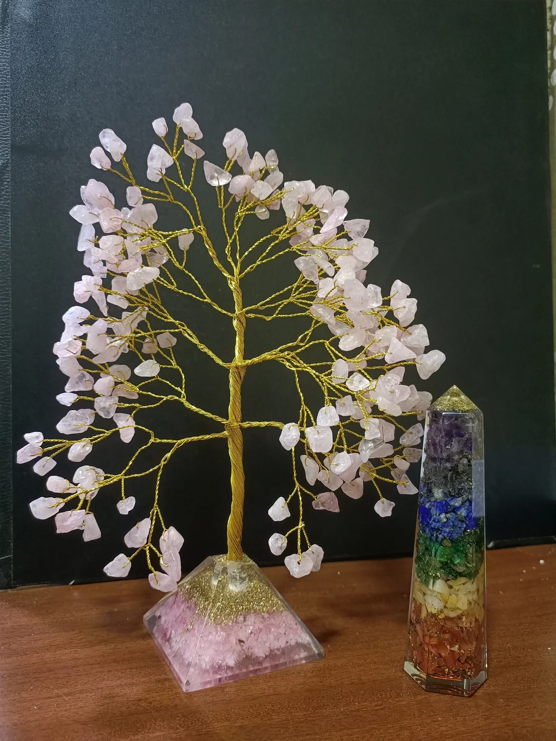 Rose Quartz Tree of Life with Rose Quartz Pyramid Base , Unique Bonsai Tree for Love Attraction with 7 Chakra Pyramid 5 inch long, Feng Shui