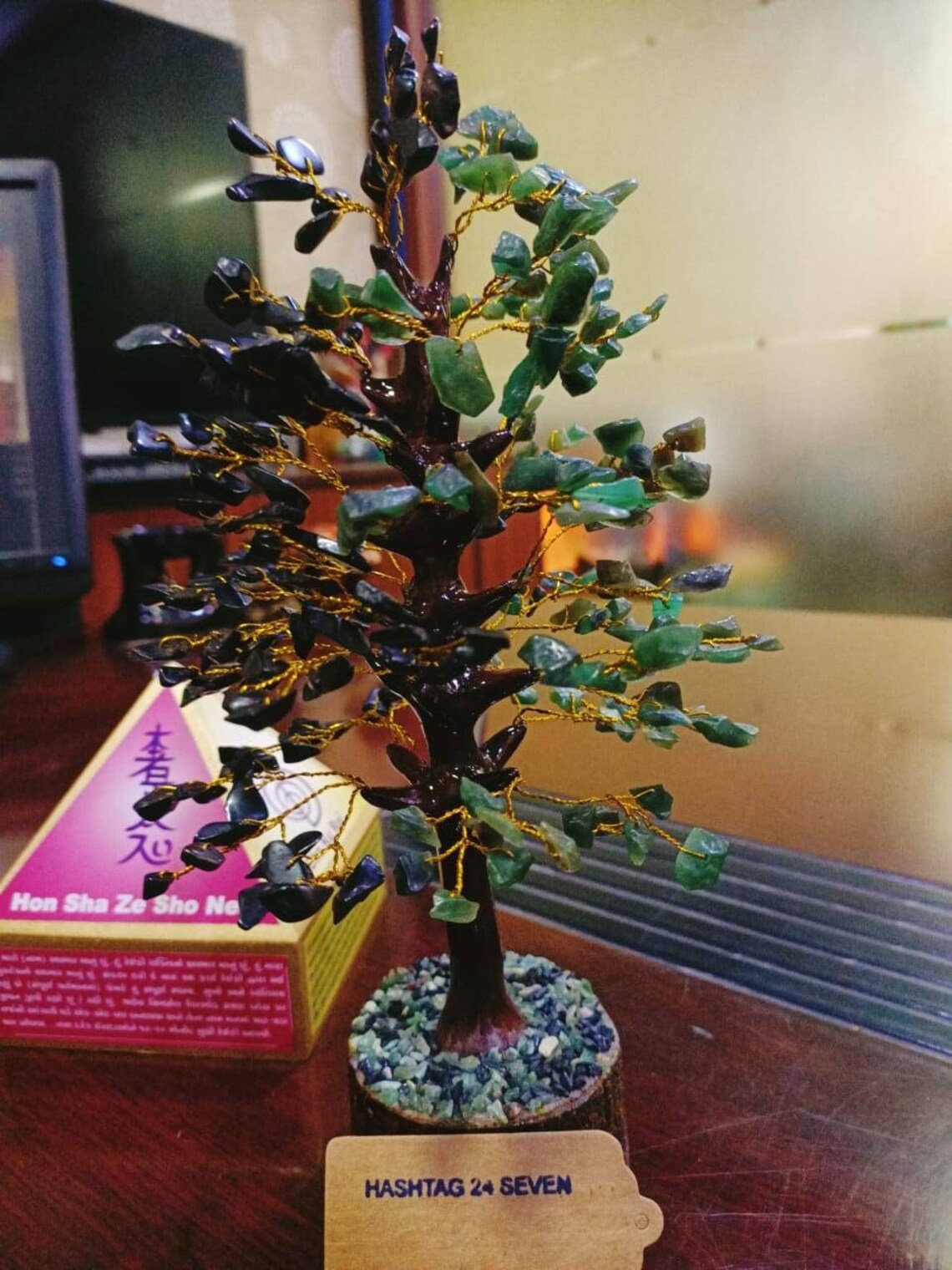 Green Jade and Black Tourmaline healing stones in Bonsai Tree, Spiritual tree with healing crystal cluster in Money Tree for vastu remedy