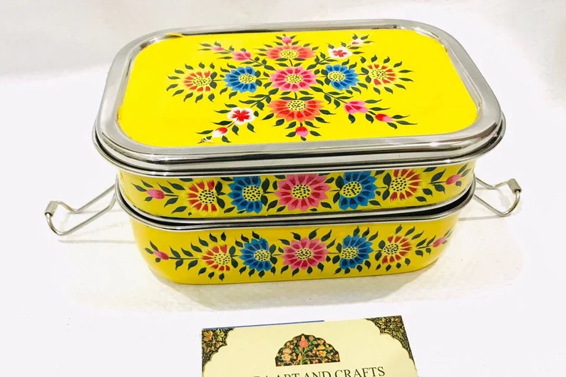 Hand painted lunch box, Bento lunch box, Enamelware tiffin box, Indian tiffin box ,steel bento box, hand painted bento box, steel lunch box