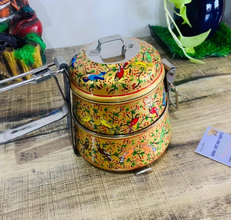 Enamel ware lunch box,hand painted tiffin box, pot belly lunch box, hand painted lunchbox, Enamel ware tiffin box, Hand painted Enamel ware