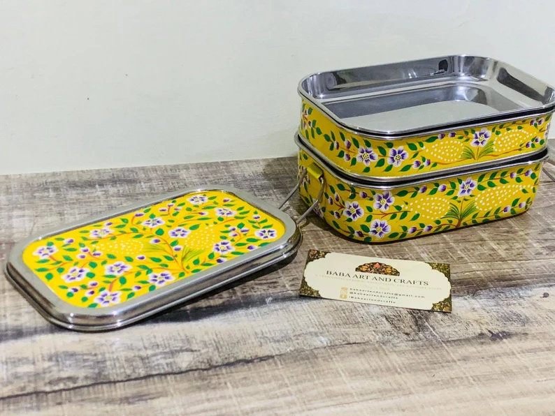 Steel Bento Box , Hand painted bento box , Enamel Lunch box, Hand painted Tiffins