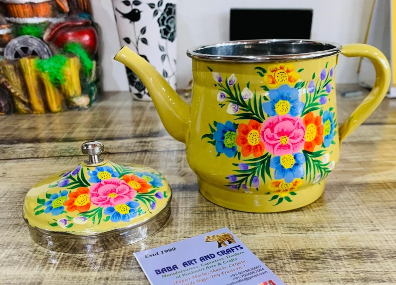Unique tea pot,Indian tea kettle,colored tea pot,Hand painted Beige Teapot , Boho Floral Design Tea Pot, Metal Tea pot, Handmade in Kashmir Copy 105542