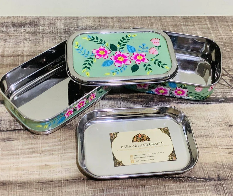 Hand painted lunch box,Bento lunch box,Enamelware tifin box,Kashmiri Enamelware,bento box for kids,hand painted bento box,Indian tiffin