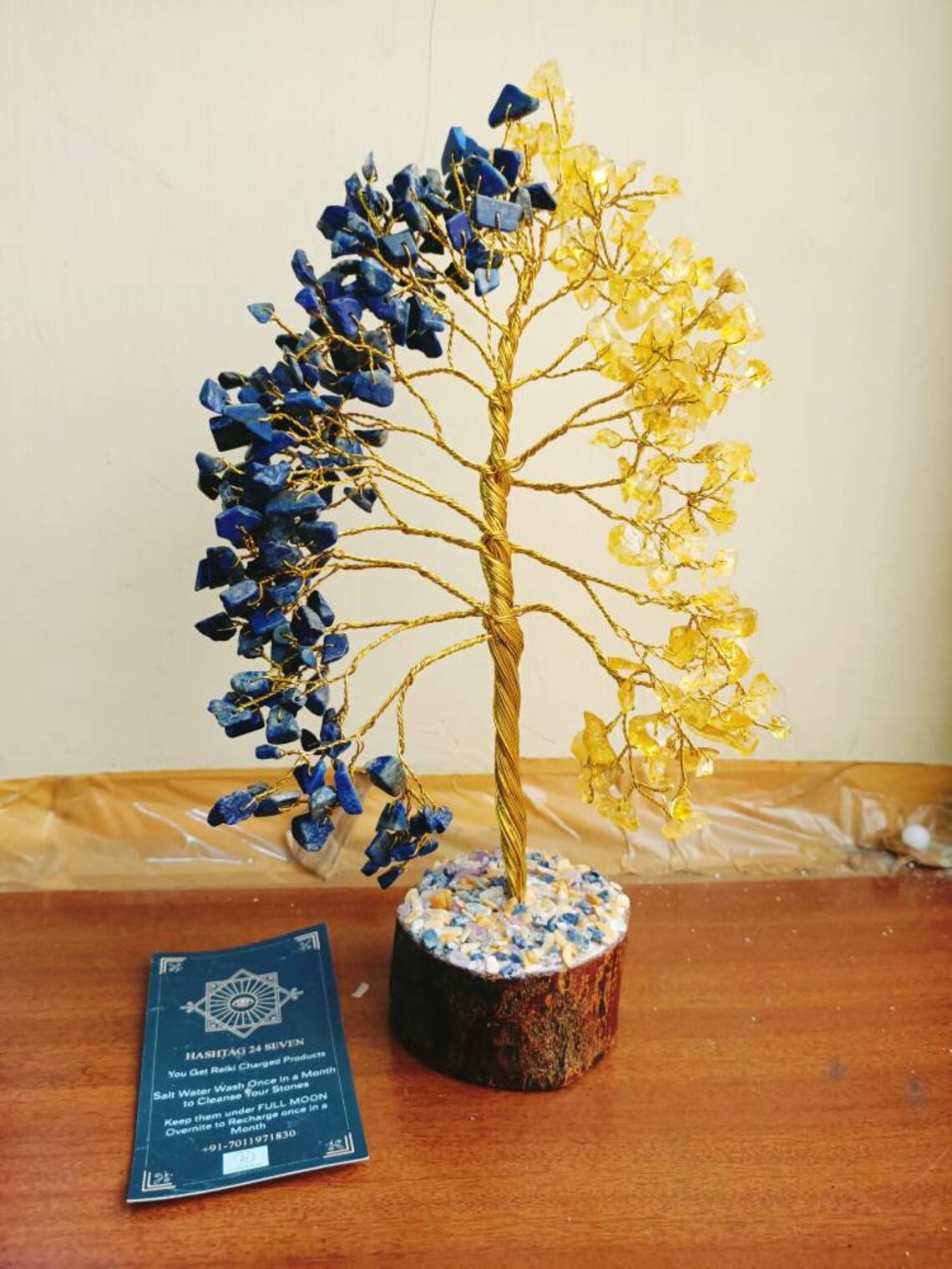 Lapis Lazuli Gemstone Tree with wooden base, Healing Gemstones wired in Bonsai Tree ,Natural Citrine Gemstone Mandala tree of life