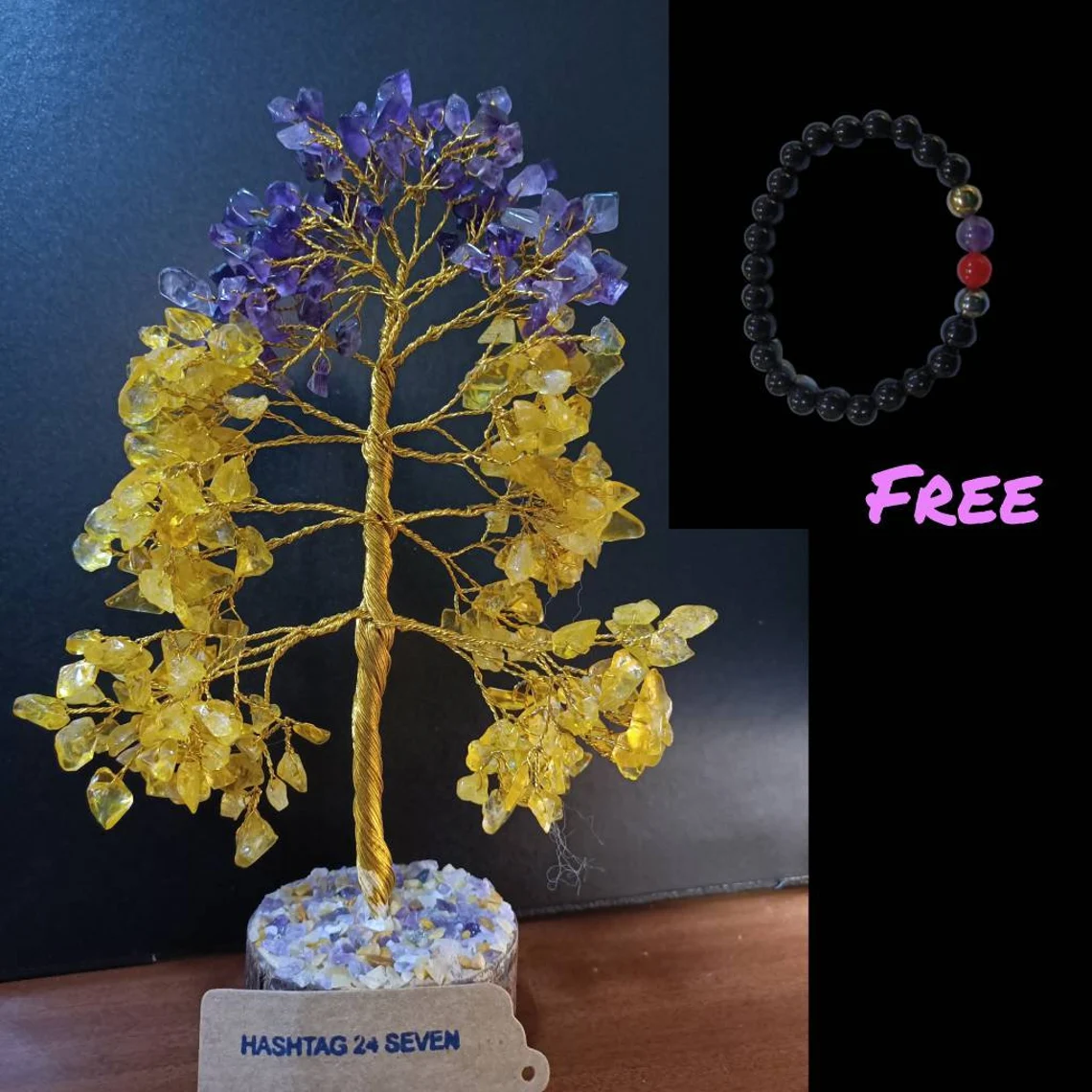 Feng Shui Gemstone Tree with wooden base and Semi Precious Crystals in Bonsai Tree, Citrine and Amethyst stones wired in Tree of life