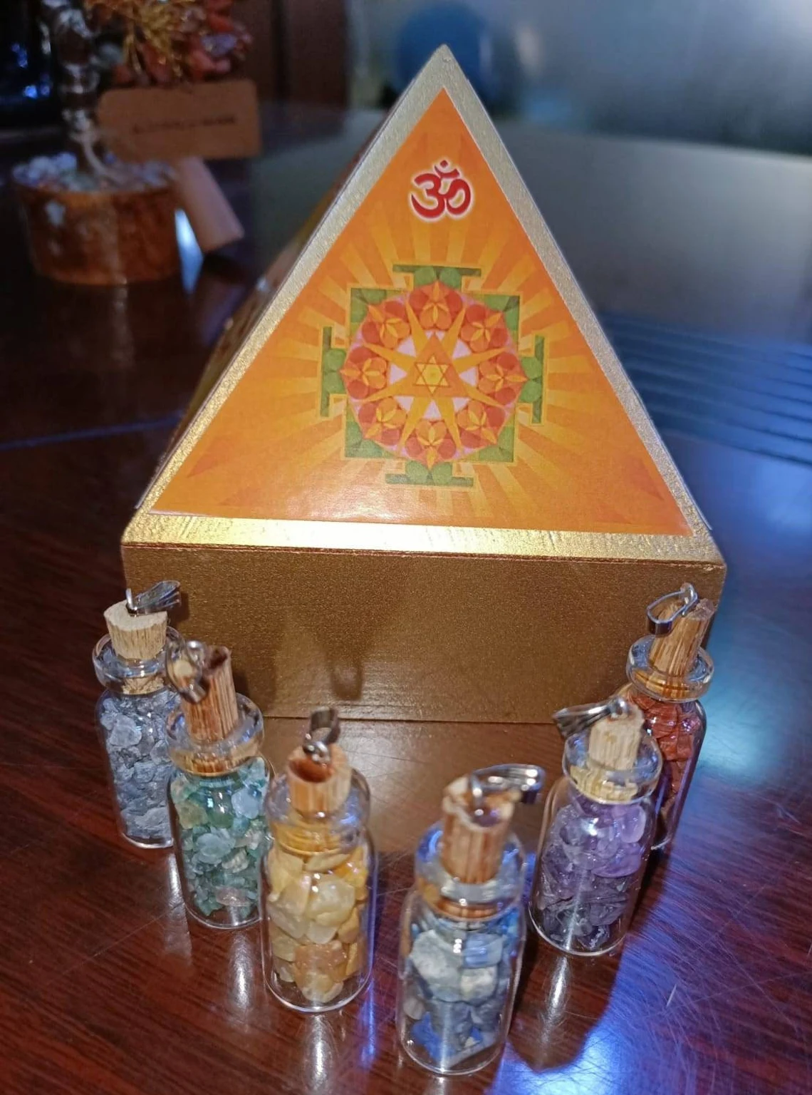 Wooden Pyramid Wish Box for Attracting Abundance ,Mystery Box, Manifestation Reiki Box with crystal shards cork bottles Money Attraction Kit