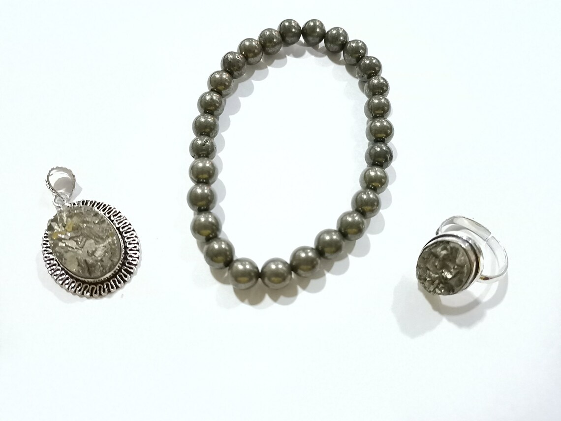 Pyrite Stone for wealth and abundance, Natural pyrite stone , Money attracting combo - Pyrite bracelet , Pyrite Ring and Pyrite Pendant
