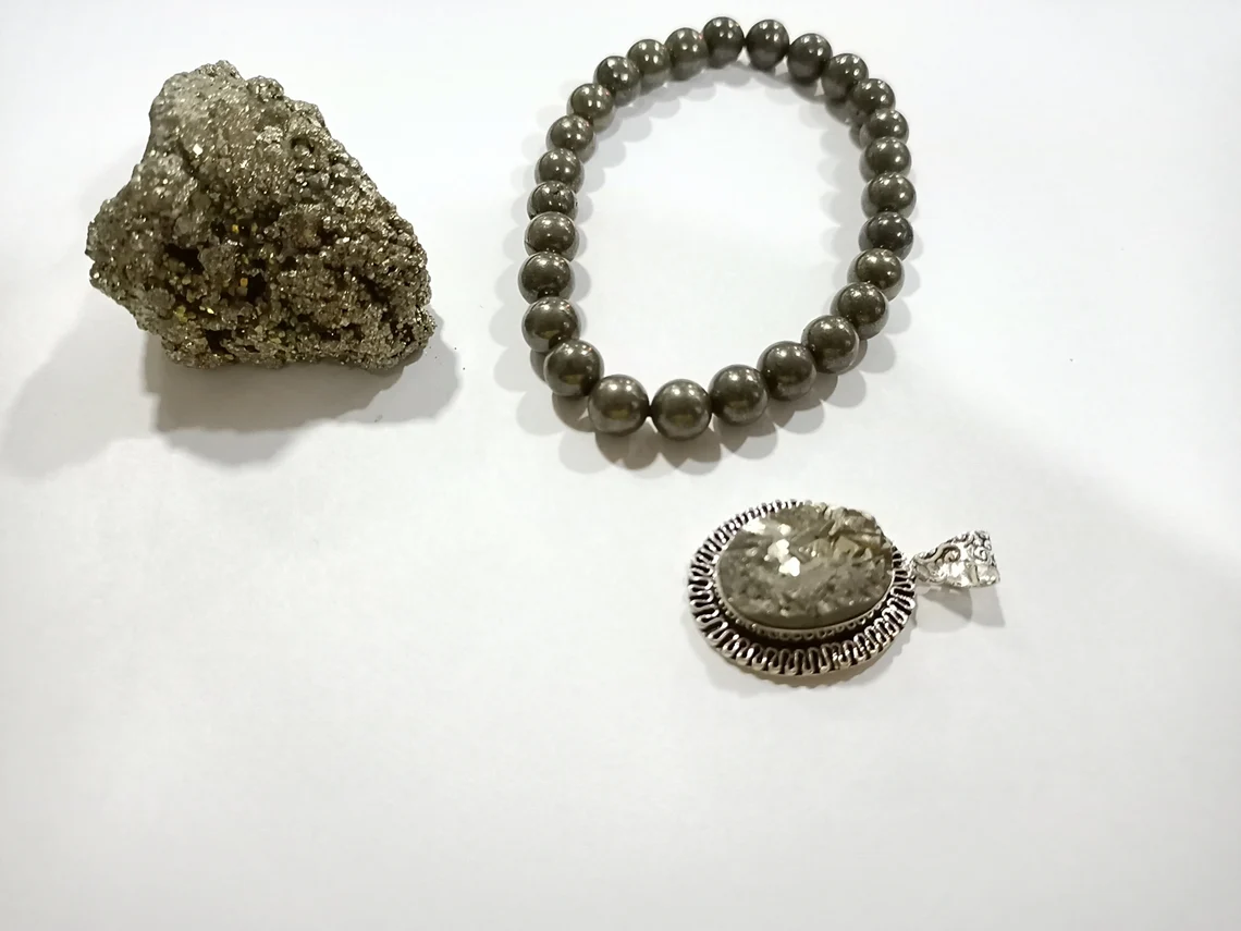 Money attracting Pyrite combo - 1 Pyrite bracelet , Pyrite Pendant and 100 GM raw pyrite stone , Pyrite Stone for wealth and abundance