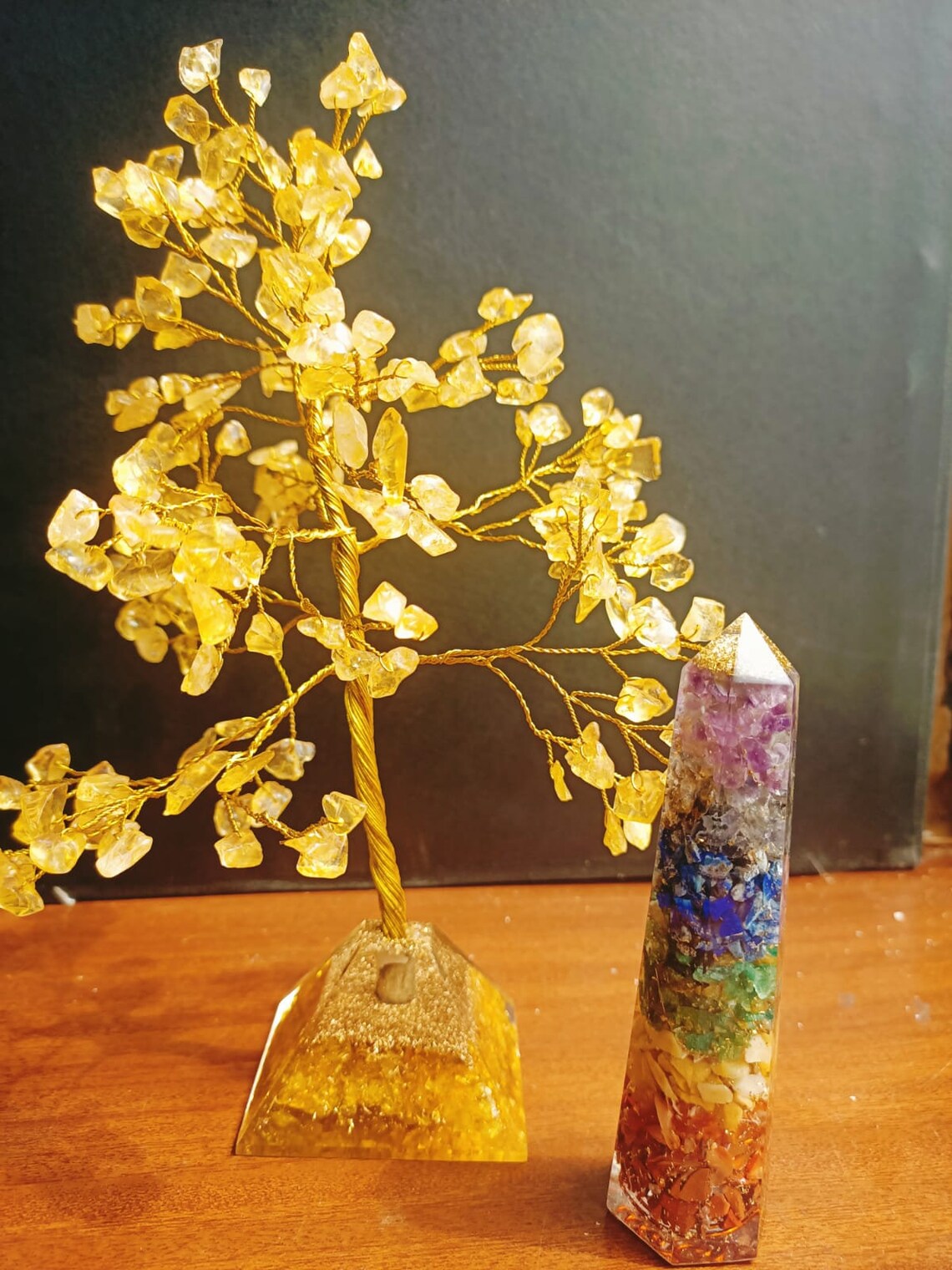 Citrine Tree of Life with Citrine Pyramid Base , Unique Bonsai Tree for Money Attraction with 7 Chakra Pyramid 5 inch long, Feng Shui