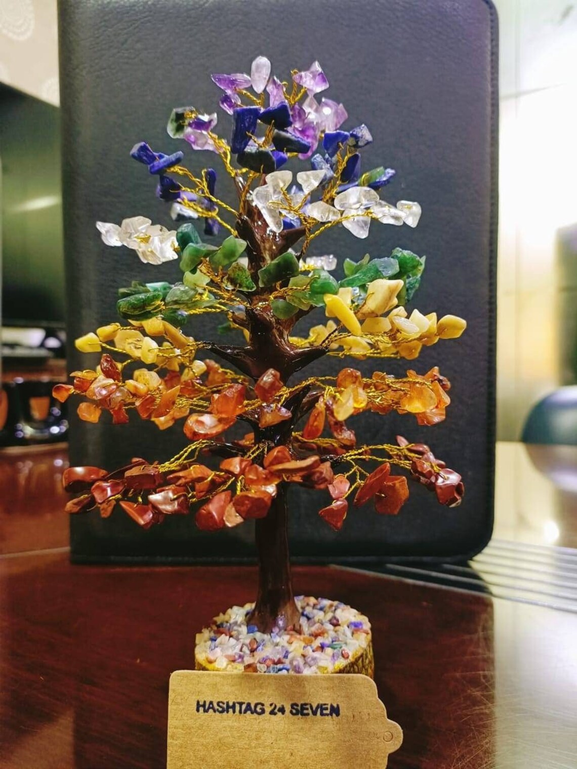 Seven Chakra tree of life with healing crystals wired in bonsai tree, feng shui tree seven chakra stone, Natural Gemstones Crystal Tree