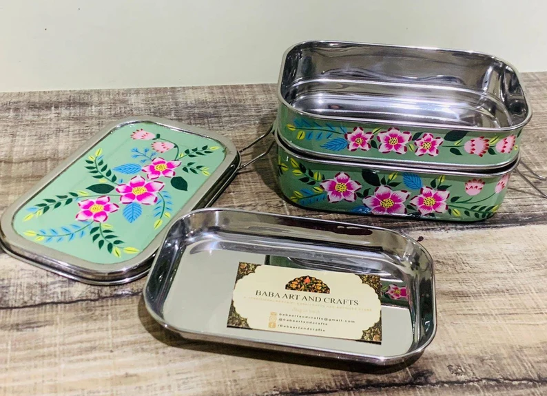 School Lunch Box-hand Painted Lunch Box , Bento Box for Carrying Food to  School, Office or Picnic, Small Tiffin, Floral Kashmiri Art 