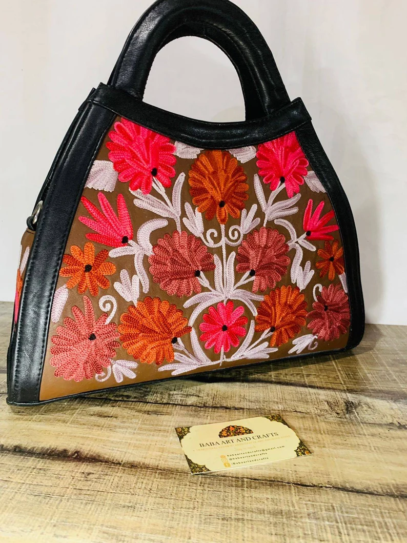 Kashmiri handbags,hand embroided hand bags for women,handmade tote bags,suede leather bags,handmade shoulder bags,handmade suede purses