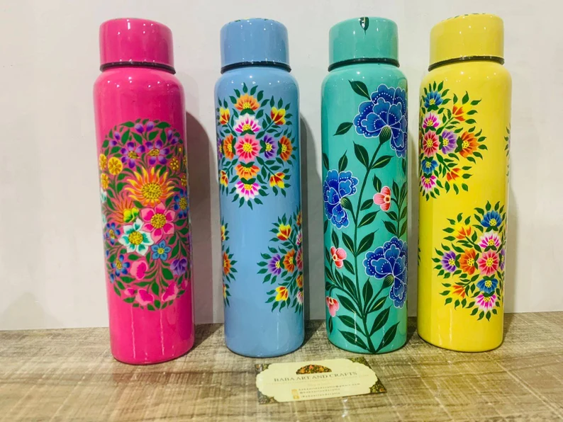 Stainless Steel water bottle, Hand Painted Thermos Flask, Kashmiri enamel ware, Hand painted mugs, hand painted water bottle and steel mugs