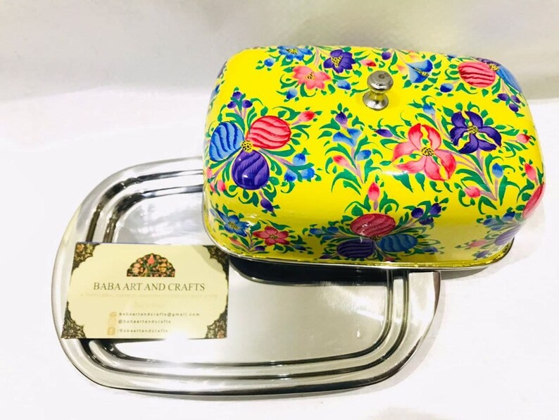 Cheese box,steel butter box,Vibrant Blue 4.5"×7" Butter Dish From Kashmir,Beautiful Hand Painted butter box,Cheese Dish Holds 1 lb of Butter