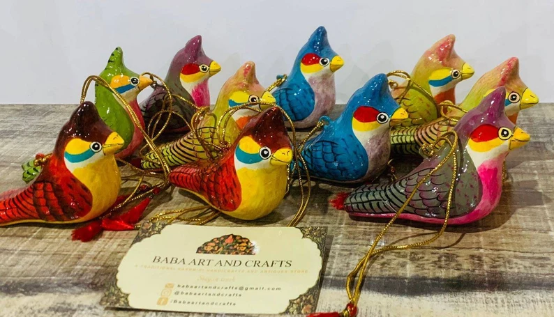 Set of 10 Hand painted birds, Hand painted Paper mache birds, paper mache Ornaments, Handmade Christmas Baubles, Handmade Birds hangings