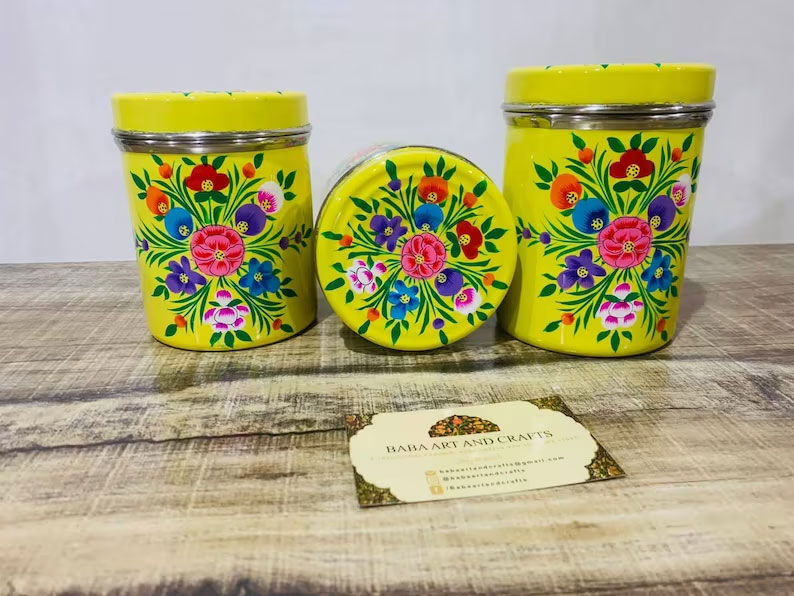 Steel Canister Sets, Canister sets, hand painted canister set, food storage box ,stainless steel food storage box,floral kashmiri design