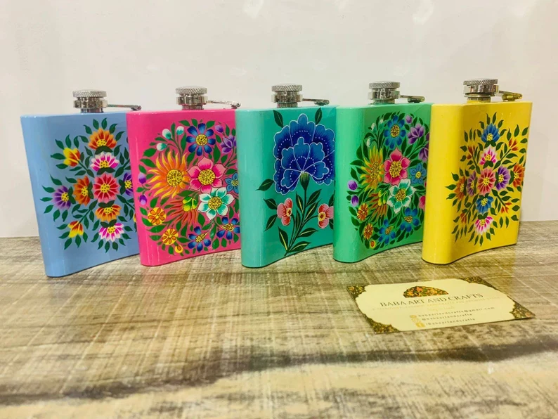 Stainless Steel Hip Flask, Hand Painted Hip Flask, Spring Meadow Stainless Steel Hip Flask ,Metal Hip Flask, Alcohol Flask,boho hip flask