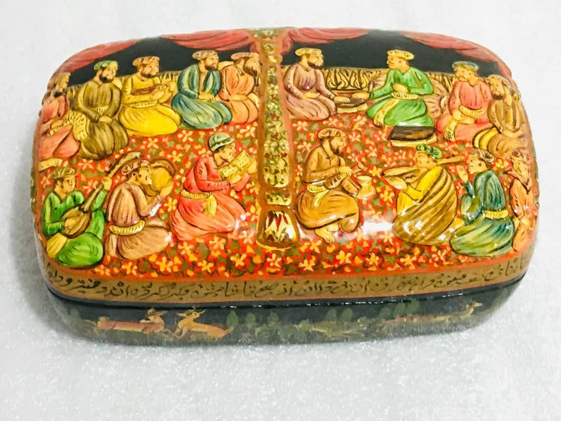 Paper Mache box, Authentic lacquered papier mache box hand painted with embosed mughal darbar and deer around the box by Kashmiri artists