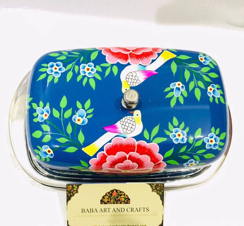 Cheese box,steel butter box,Vibrant Blue 4.5"×7" Butter Dish From Kashmir,Beautiful Hand Painted butter box,Cheese Dish Holds 1 lb of Butter