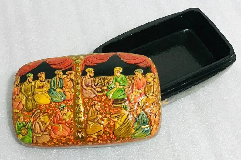 Paper Mache box, Authentic lacquered papier mache box hand painted with embosed mughal darbar and deer around the box by Kashmiri artists