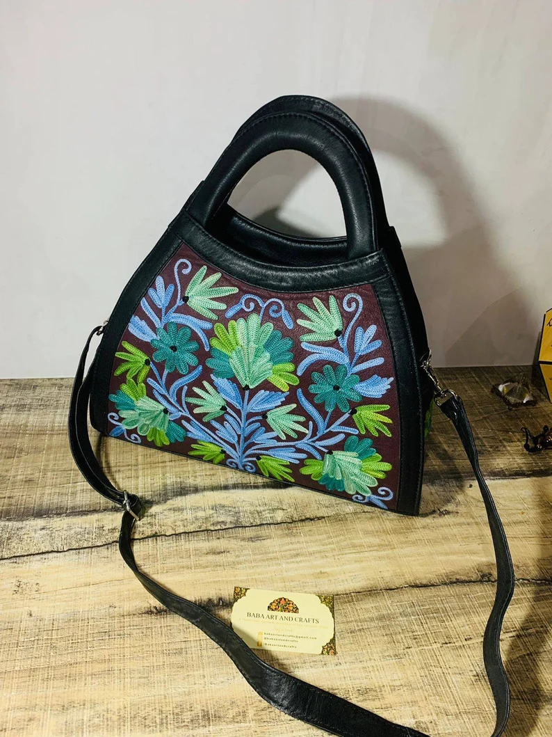 Kashmiri handbags,hand embroided hand bags for women,handmade tote bags,suede leather bags,handmade shoulder bags,handmade suede purses