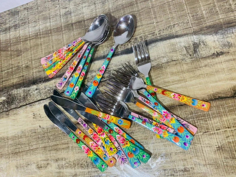 Cutlery set,set of 12 piece,hand painted cutlery,steel knife,steel fork,steel spoon, steel cutlery set,steel butter knife set,enamelware