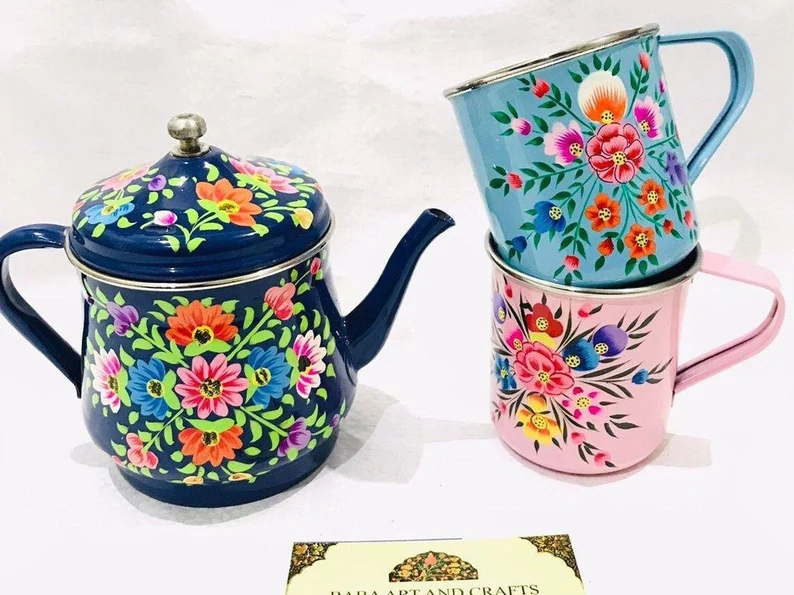 Hand painted kettle, Deep Blue Tea pot, Boho Floral Design Tea Pot, kashmiri Tea pot, enamel ware utensils from kashmir, steel coffee kettle