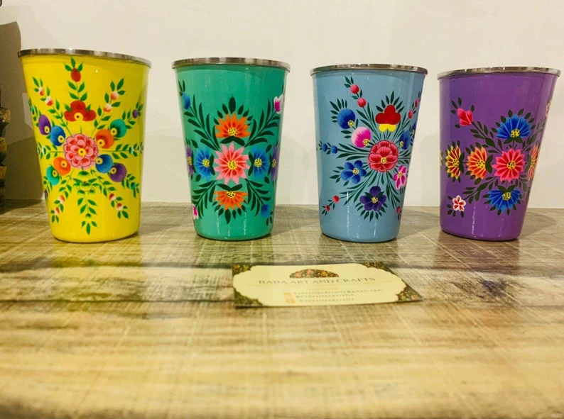 Enamelware glass set , Enamel ware Tumblers, Hand painted steel Tumblers, Stainless Steel glass, Enamel ware utensils, Hand painted Glass