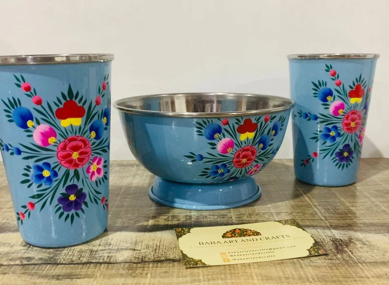 Enamelware bowl,enamelware tumblers,handpainted bowls and handpainted glass, stainless steel glass, kashmiri enamelware,bowl and glass set