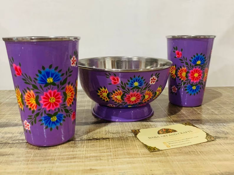 Enamelware bowl enamelware tumblers,handpainted bowls and handpainted glass, stainless steel glass, kashmiri enamelware,bowl and glass set