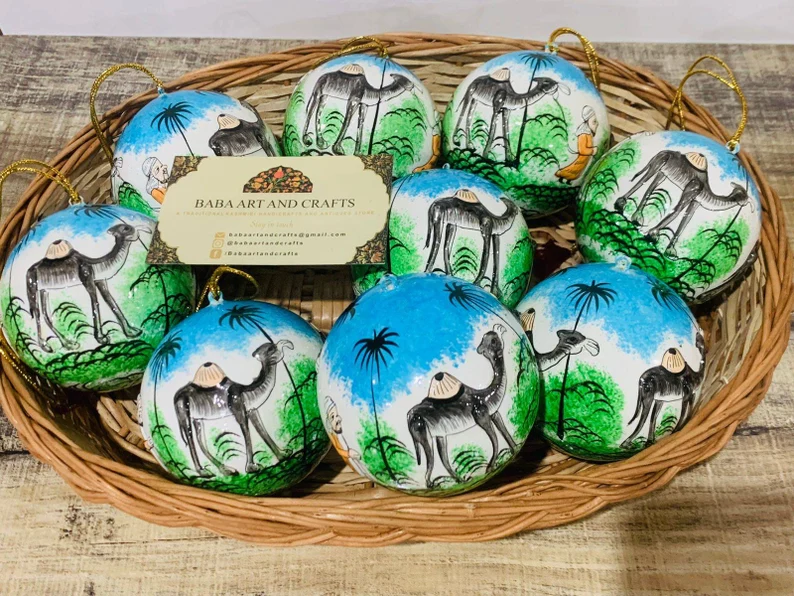Hand Painted Christmas Balls, Handmade Christmas Decorations, Paper Mache baubles, Hanging christmas Baubles, Hand painted dessert safari