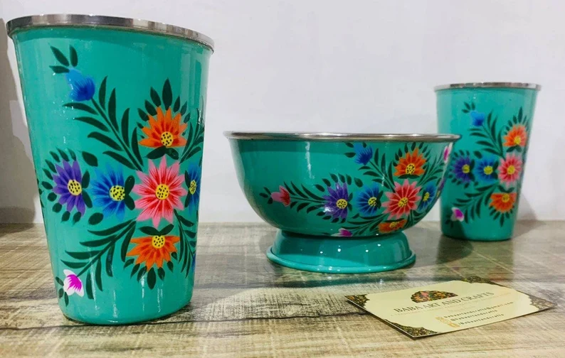 Enamelware bowl,enamelware tumblers,handpainted bowls and handpainted glass, stainless steel glass , kashmiri enamelware,bowl and glass set