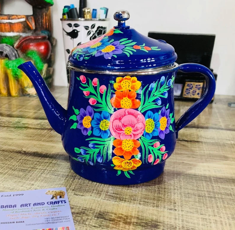 Hand painted kettle, Deep Blue Tea pot, Boho Floral Design Tea Pot, kashmiri Tea pot, enamel ware utensils from kashmir, steel coffee kettle