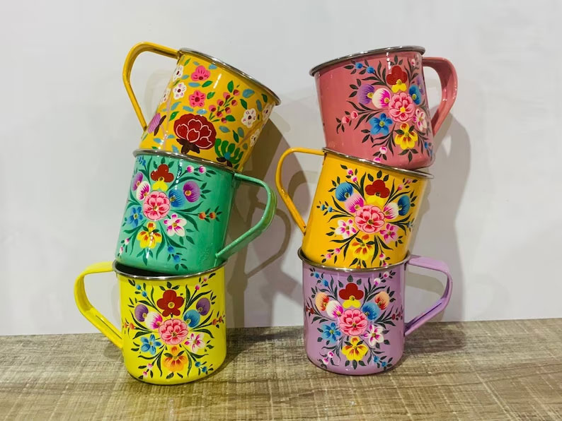 Enamelware mug set of 6, enamelware mug set,steel mug with enamel work,steel mugs with floral paint,Kashmiri handicrafts,EnamelWare utensils 450 ml