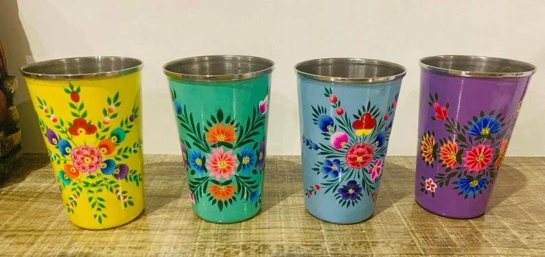 Enamelware glass set , Enamel ware Tumblers, Hand painted steel Tumblers, Stainless Steel glass, Enamel ware utensils, Hand painted Glass