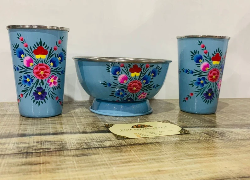 Enamelware bowl,enamelware tumblers,handpainted bowls and handpainted glass, stainless steel glass, kashmiri enamelware,bowl and glass set