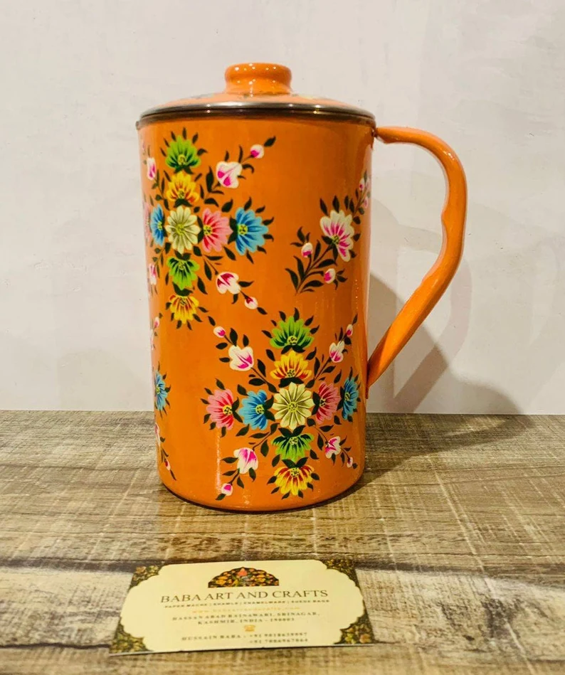 Hand Painted Copper water Pitcher,Kashmiri Enamel ware copper Jug, hand painted jug,Enamelware water jug,Enamelware pitcher ,Copper Jug