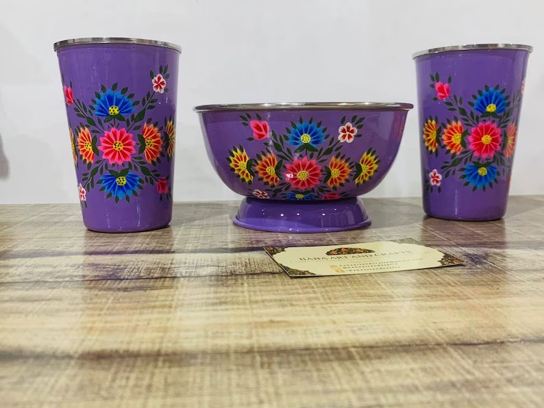 Enamelware bowl enamelware tumblers,handpainted bowls and handpainted glass, stainless steel glass, kashmiri enamelware,bowl and glass set