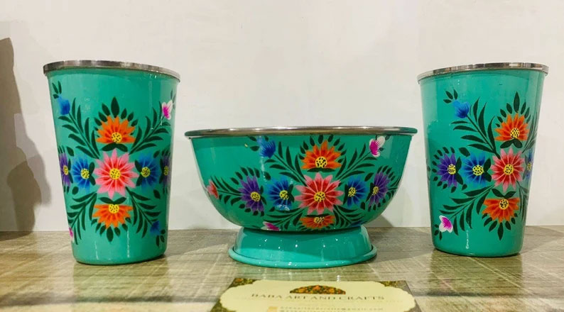 Enamelware bowl,enamelware tumblers,handpainted bowls and handpainted glass, stainless steel glass , kashmiri enamelware,bowl and glass set